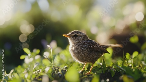 Small brown bird perched in green grass with blurred background.