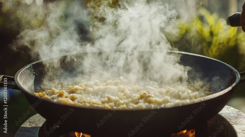 Steaming food cooking in a large wok over an open fire. Steaming food cooking in a large wok over an open fire.
