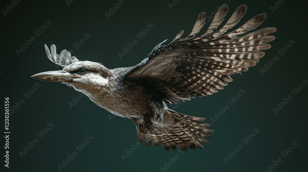 Obraz premium Kookaburra in flight, wings spread, sharp focus.
