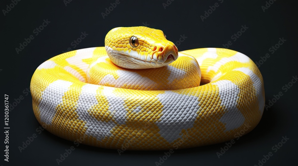 Fototapeta premium Yellow and white python coiled on black background.