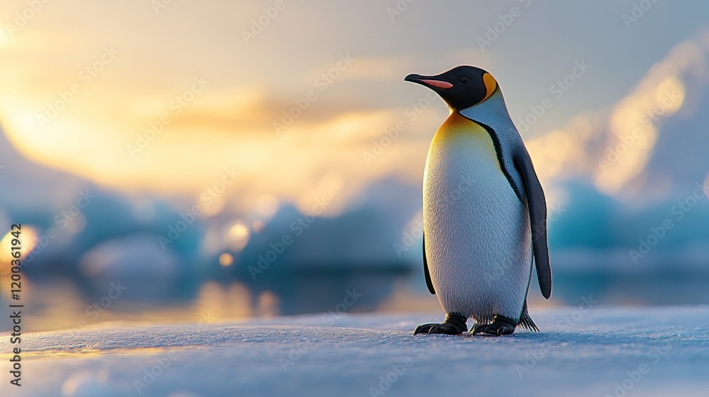 Fototapeta premium Majestic king penguin standing on ice during a beautiful sunset.