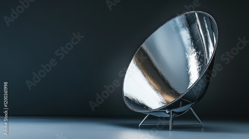 Reflective parabolic solar cooker on stand against dark background.