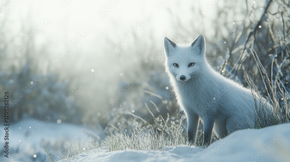 Obraz premium Arctic fox sitting in snowy winter landscape, looking at camera.