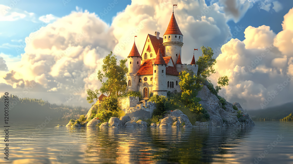 Obraz premium Cartoon castle by the lake: a whimsical 3d render. Whimsical Cloud Castle. Illustration