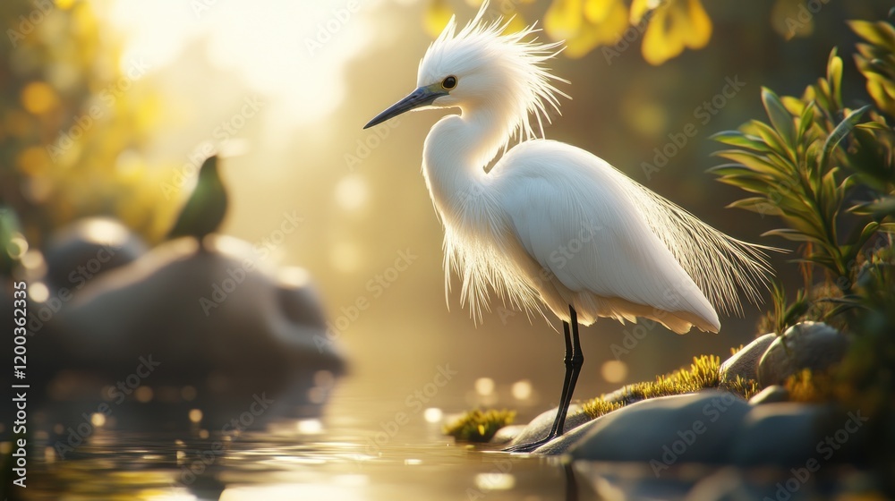 Snowy egret at sunrise by water, small bird in background. Snowy egret at sunrise by water, small bird in background.