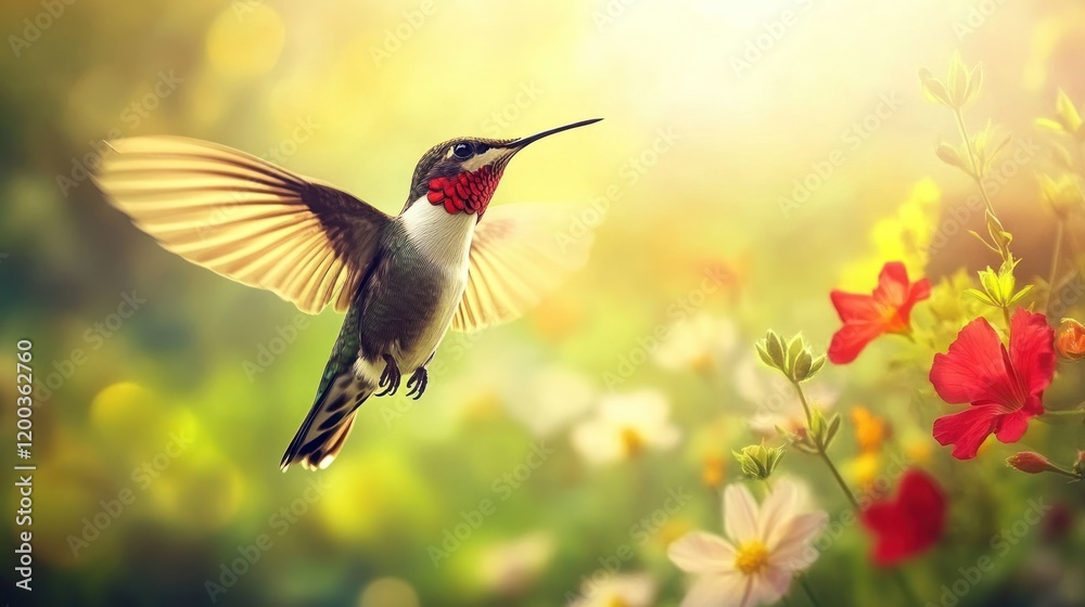 Fototapeta premium Hummingbird in flight near flowers in sunlight.