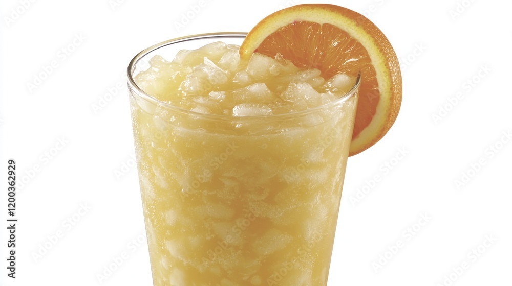 Frozen orange juice drink, ice, studio shot, white background, summer refreshment Frozen orange juice drink, ice, studio shot, white background, summer refreshment