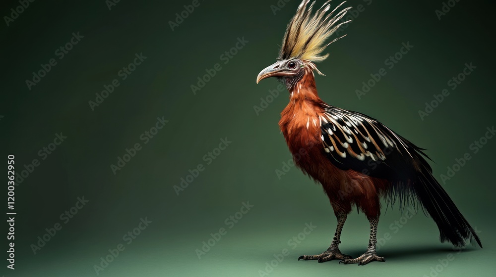 Obraz premium Hoatzin bird standing on a green background, showcasing its unique crest and plumage.