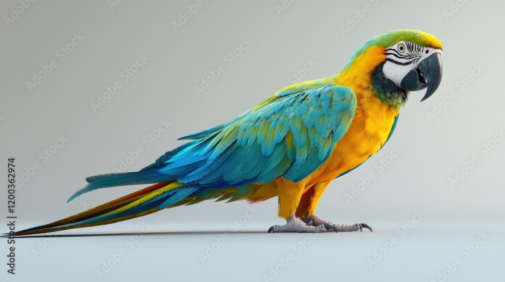 Fototapeta premium A vibrant blue-and-gold macaw parrot perched on a neutral background.