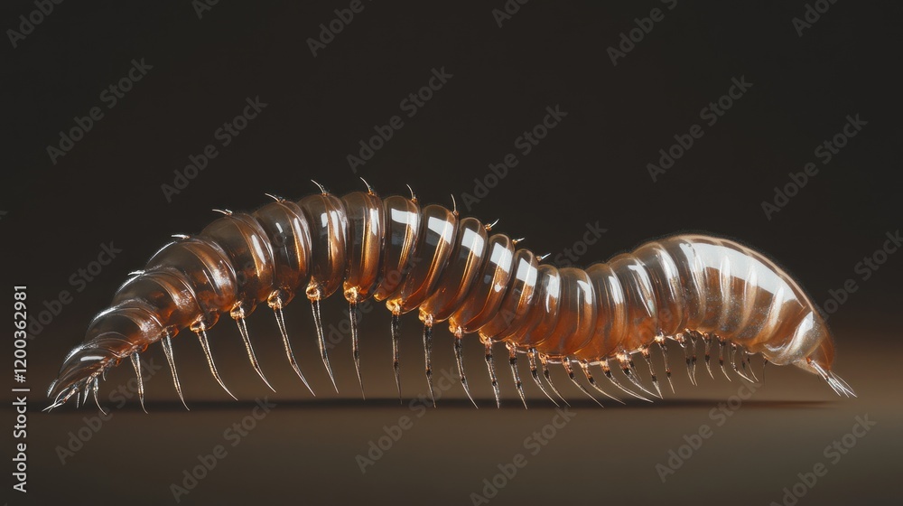 Fototapeta premium Transparent amber millipede-like creature crawling on dark surface.