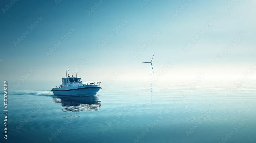 Calm sea, boat sailing towards offshore wind turbine. Calm sea, boat sailing towards offshore wind turbine.