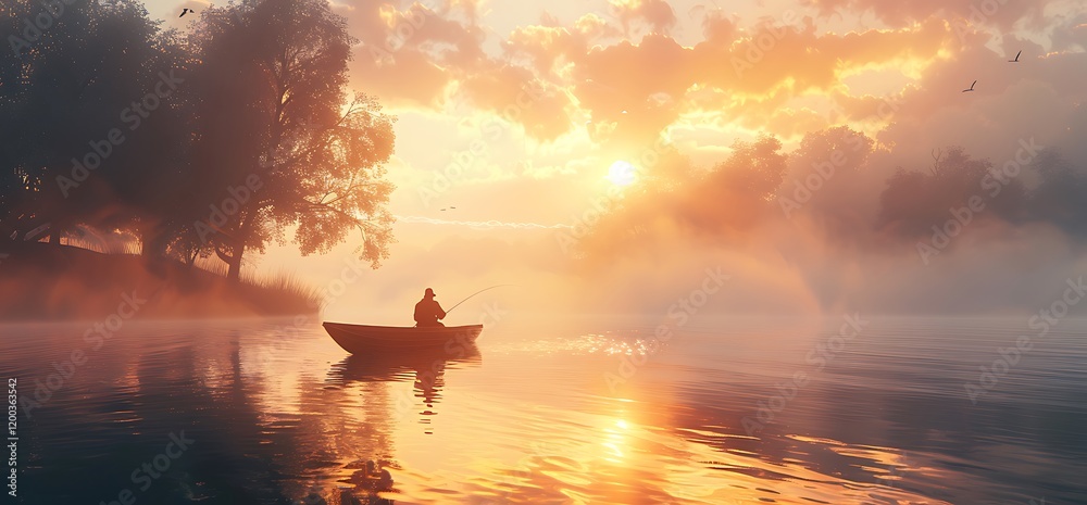 Fisherman in boat at sunrise, misty lake, peaceful scene. Relaxing nature image Fisherman in boat at sunrise, misty lake, peaceful scene. Relaxing nature image