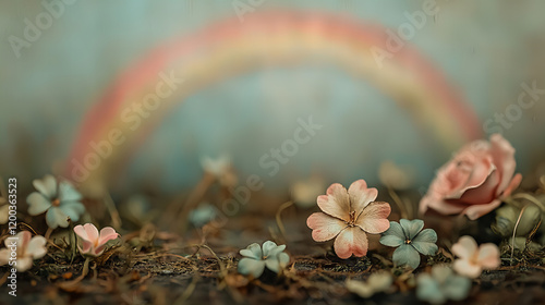 Beautiful arrangement of delicate flowers with a soft rainbow backdrop in gentle springlight photo