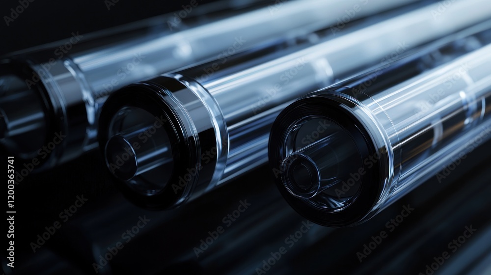 Close-up of three transparent cylindrical tubes with dark rims on a reflective surface. Close-up of three transparent cylindrical tubes with dark rims on a reflective surface.