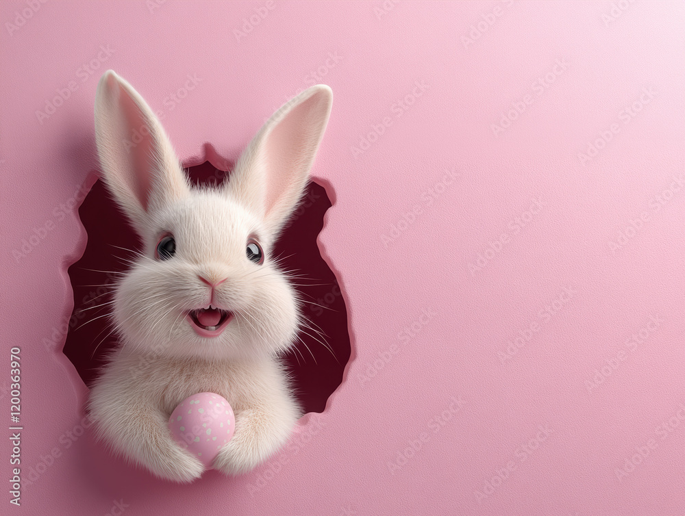 Easter bunny, colored eggs, rabbit peeking through pink paper background. Holidays, spring and Easter concept, copy space, design and greeting card. Modern 3D rendering art minimalist style. Easter bunny, colored eggs, rabbit peeking through pink paper background. Holidays, spring and Easter concept, copy space, design and greeting card. Modern 3D rendering art minimalist style.