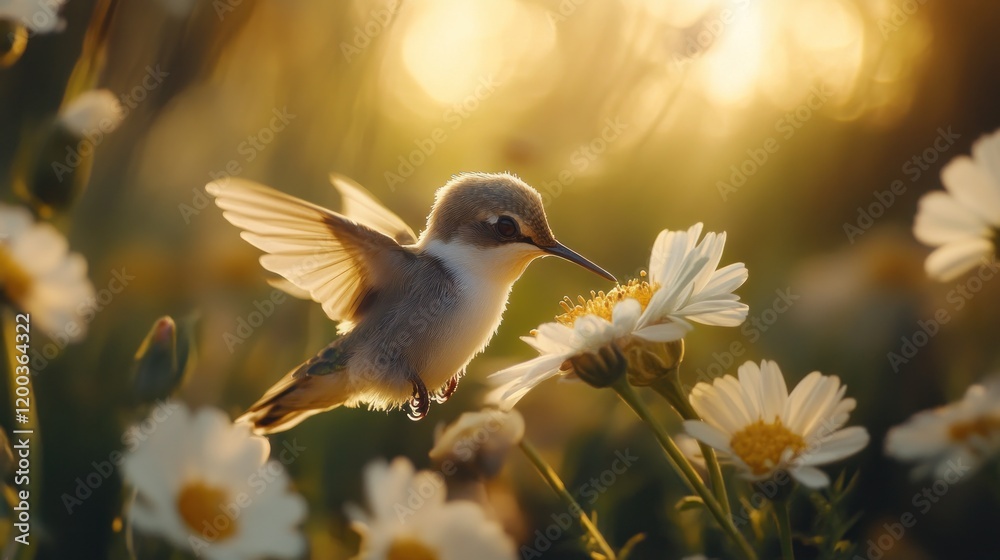 Obraz premium Hummingbird hovering near daisies in sunset.