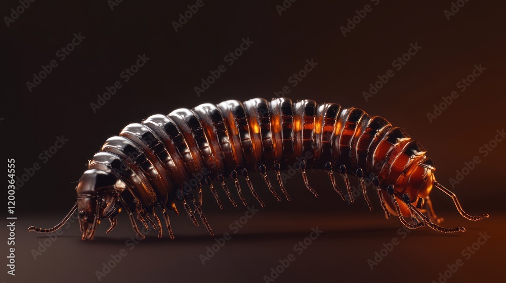 Fototapeta premium Close-up of a millipede with dark brown and orange segments against a dark background.
