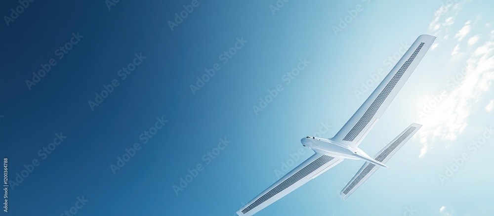 Low-angle view of a small airplane flying in a clear blue sky. Low-angle view of a small airplane flying in a clear blue sky.