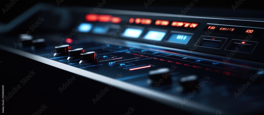 Obraz premium Close-up of a futuristic audio mixer console with illuminated buttons and knobs.