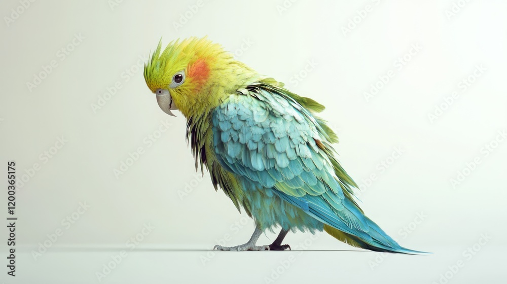 Obraz premium A vibrant yellow and teal cockatiel bird with ruffled feathers, standing on a white surface against a light background.