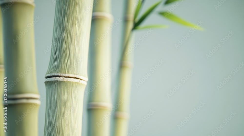 Fototapeta premium Close-up of pale green bamboo stalks and leaves against a muted background.