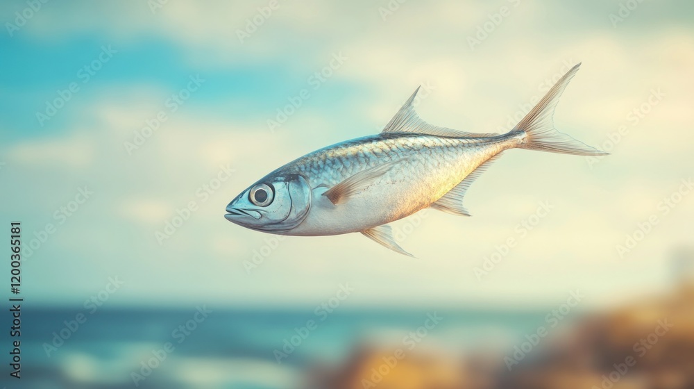 Fototapeta premium A single silvery fish swims in the ocean against a blurred background of blue sky and water.