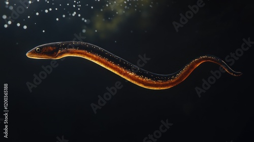 An elegant, slender lamprey swims gracefully in dark water, its amber and black body highlighted against the black background. photo