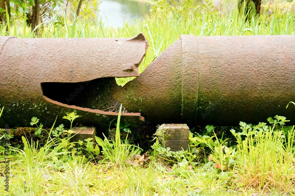 Old Rusty Broken Metal Pipe Lying in Tall Grass Old Rusty Broken Metal Pipe Lying in Tall Grass