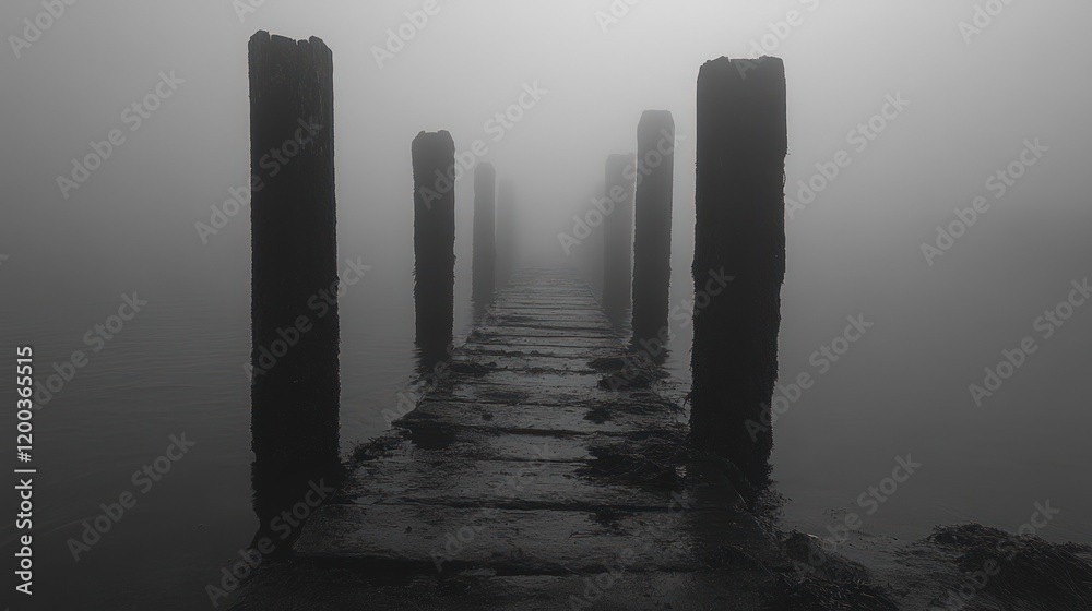 Foggy pier, lake, mystery, solitude, mood, tranquil, atmospheric, travel photography Foggy pier, lake, mystery, solitude, mood, tranquil, atmospheric, travel photography