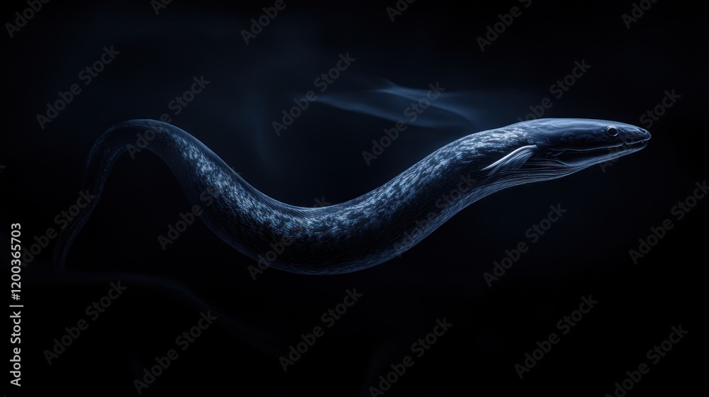 Obraz premium Mysterious deep-sea creature, serpentine body, dark blue, elegant, swimming in black water.