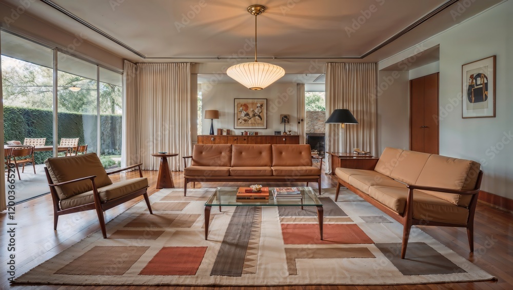 Fototapeta premium Mid-Century Modern Living Room with Stylish Furniture, Warm Decor, and Large Windows