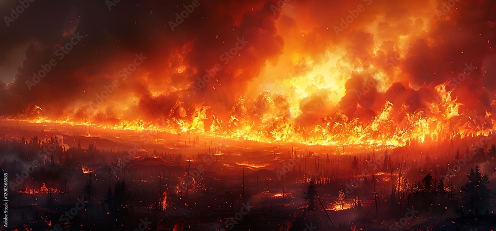 Fototapeta premium Forest fire disaster; raging inferno consumes landscape. Climate change impact