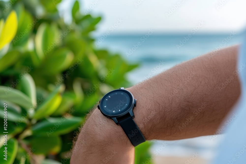 A stylish black watch elegantly displayed with a natural backdrop, emphasizing the sophistication of timepieces and the serene beauty of outdoor settings. A stylish black watch elegantly displayed with a natural backdrop, emphasizing the sophistication of timepieces and the serene beauty of outdoor settings.