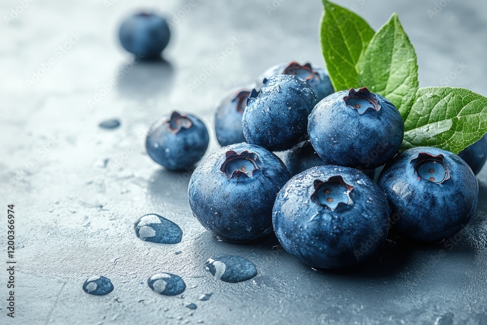 Fresh blueberries, dewy leaves, gray background; healthy food photography