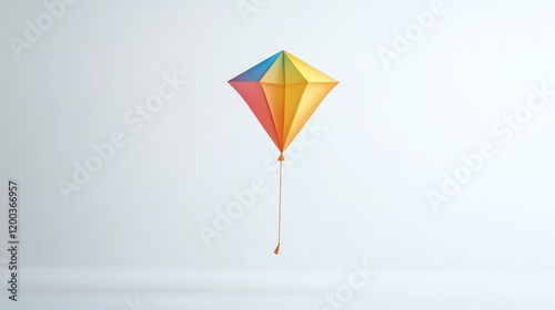 3D colorful kite flying in a blue sky on a clean white background. Fun and carefree outdoor activity concept.