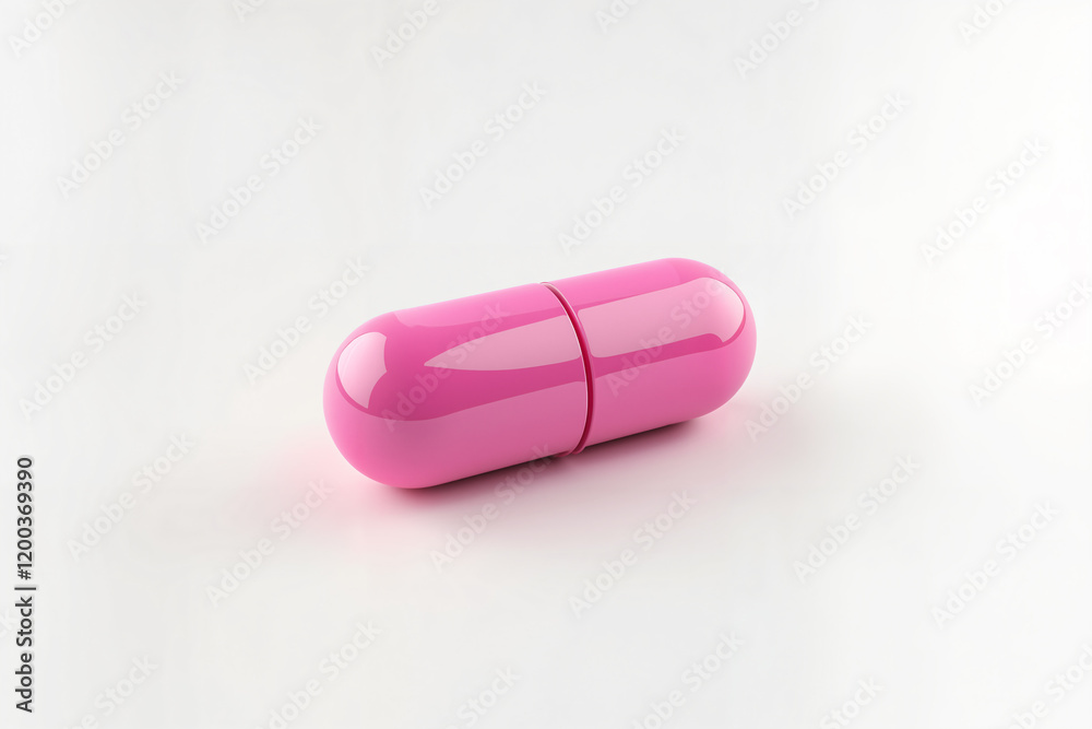 A single, shiny, pink capsule-shaped object with a seam in the middle, resting on a light pink surface. A single, shiny, pink capsule-shaped object with a seam in the middle, resting on a light pink surface.