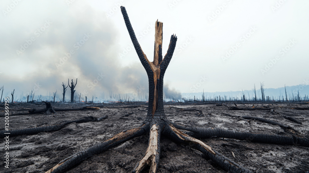 A desolate landscape of burnt trees and smoke, highlighting the aftermath of deforestation and environmental destruction. A desolate landscape of burnt trees and smoke, highlighting the aftermath of deforestation and environmental destruction.