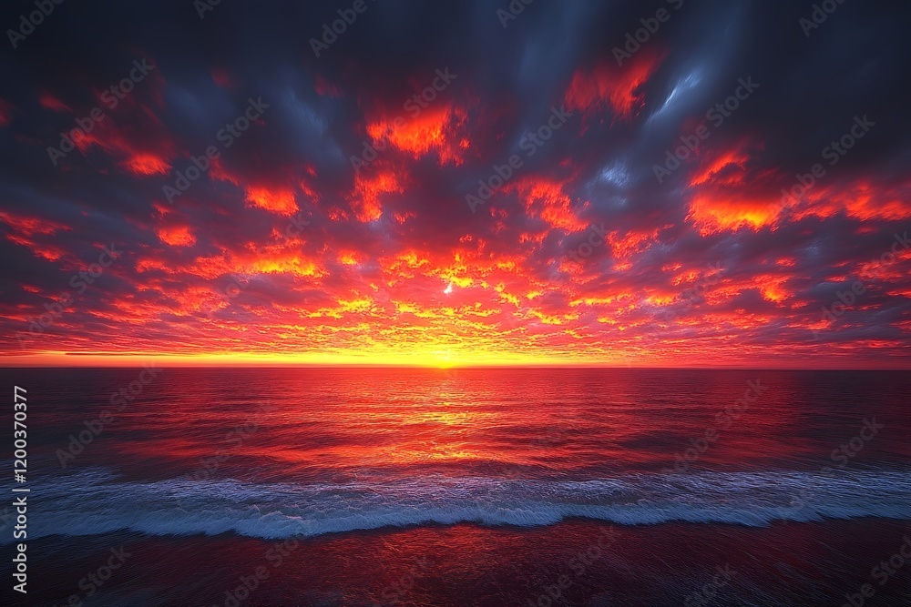 Vibrant Sunset Over Ocean Horizon with Dramatic Clouds - Perfect for Posters or Relaxation Themes