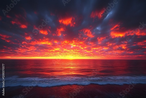Vibrant Sunset Over Ocean Horizon with Dramatic Clouds - Perfect for Posters or Relaxation Themes