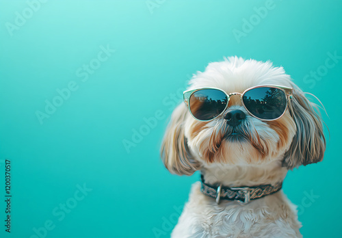 Portrait of a cute Shih Tzu dog wearing sunglasses, isolated on a cyan background. Studio shot, photorealistic, taken with a 50 mm portrait lens, using natural light. High key color grading,  photo