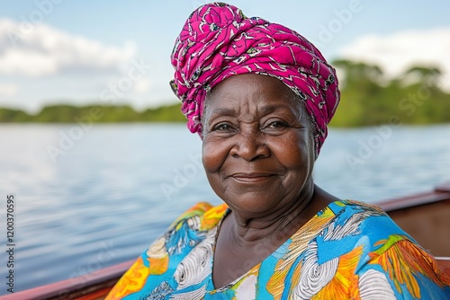 Local woman enjoying a boat ride on a serene waterway during a bright sunny day