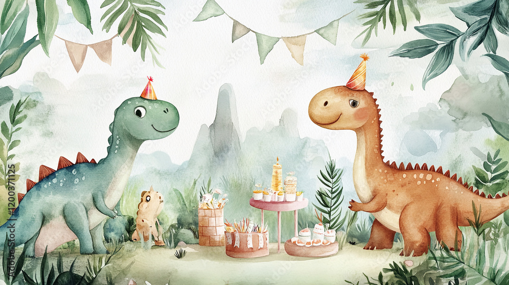 Naklejka premium The image depicts a festive scene with two cute, cartoonish dinosaurs wearing party hats, celebrating at a table with treats and decorations