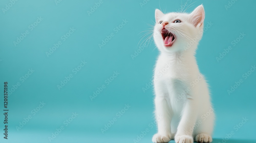 Adorable White Kitten Yawning Against a Teal Background Adorable White Kitten Yawning Against a Teal Background