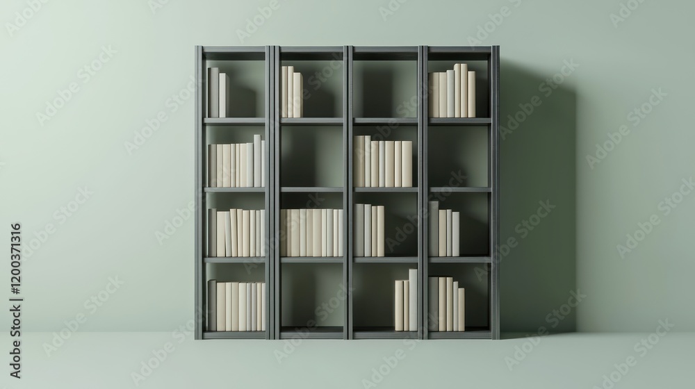 Fototapeta premium Minimalist steel-gray bookshelves with vertical dividers, centered against a smooth light green background
