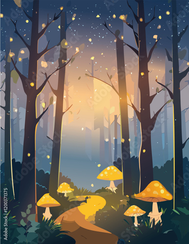 Magical forest with tall trees and glowing mushrooms, twilight sparkle