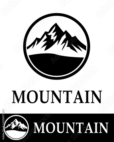 A minimalist mountain logo design enclosed in a circular frame, symbolizing nature, adventure, outdoor exploration, and rugged landscapes photo