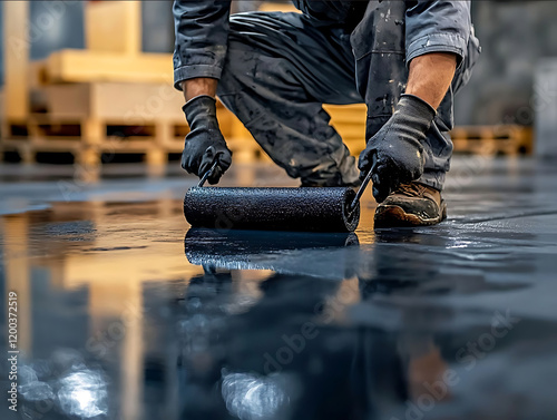 A real highlyrealistic highlydetailed photo of a worker kneeling on a smooth concrete floor applying a glossy coating with a black paint roller The worker is weari photo