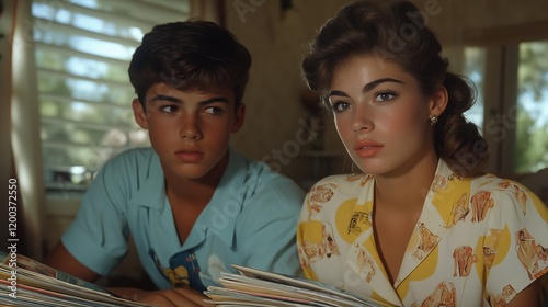 Teenagers absorbed in reading magazines during a sunny afternoon in a cozy living room in the late 1950s