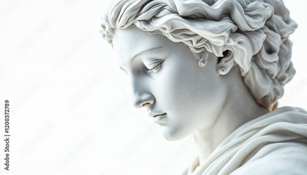 Captivating marble sculpture of a serene figure with delicate features and flowing hair in soft light setting Captivating marble sculpture of a serene figure with delicate features and flowing hair in soft light setting