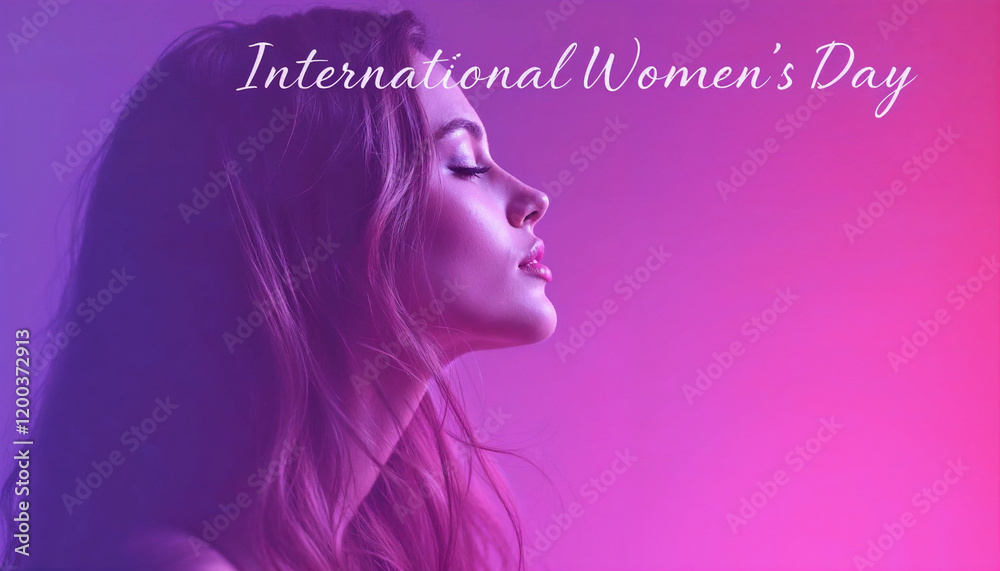 Celebration of International Women's Day with a thoughtful woman in profile against a vibrant background Celebration of International Women's Day with a thoughtful woman in profile against a vibrant background